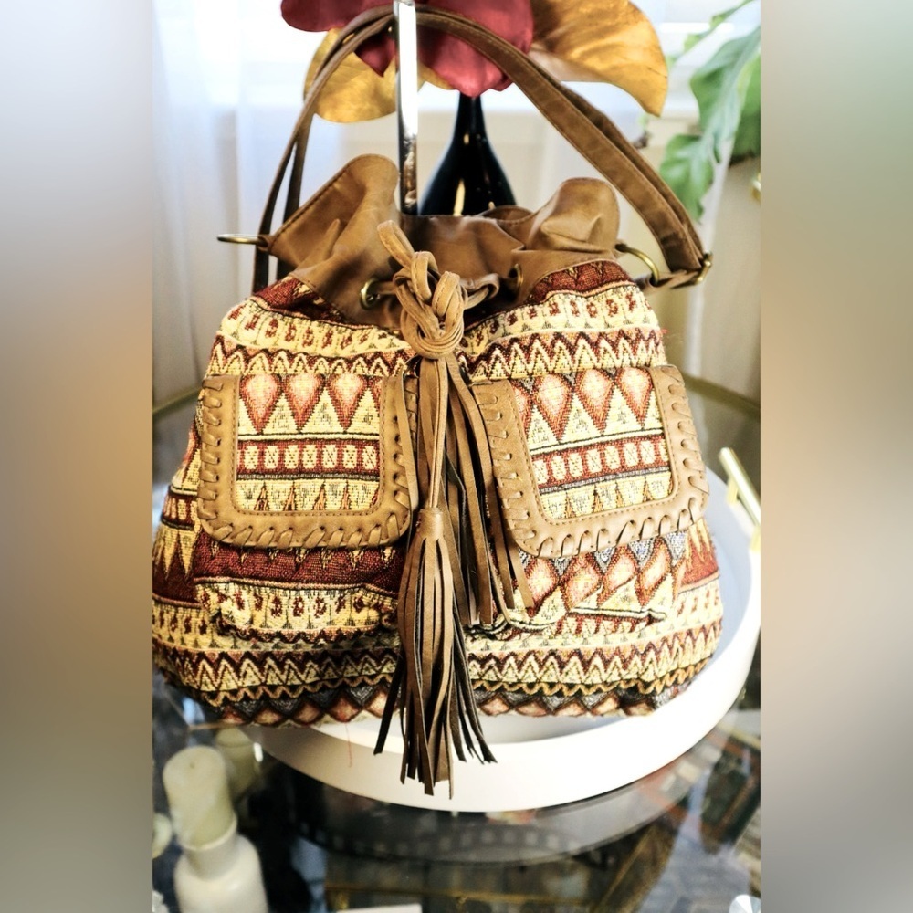Vintage Boho Tribal Pattern Hobo Bag with Leather Accents - Picture 1 of 5